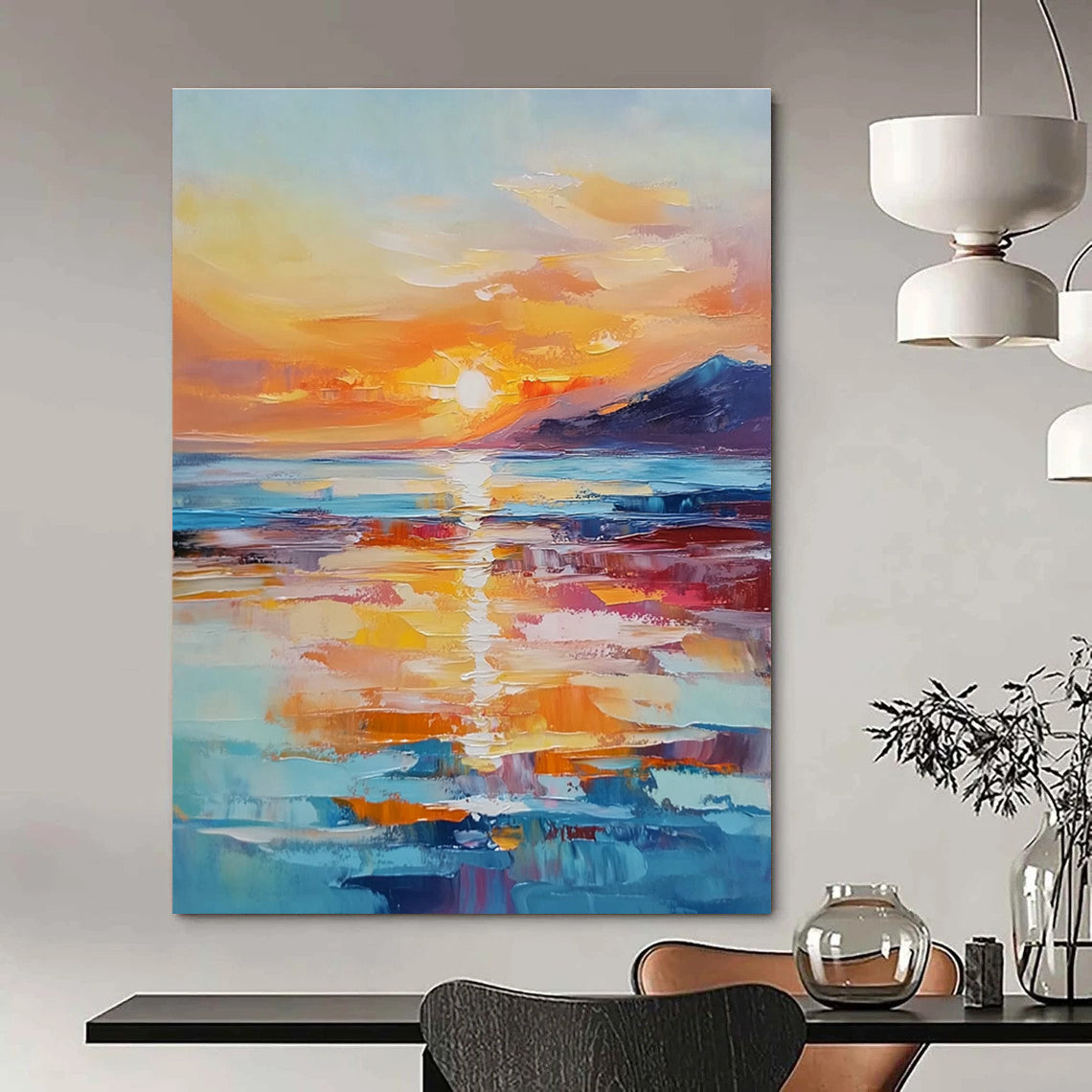 Large abstract painting of a sunset over the ocean with warm hues reflecting on the water and distant islands enhancing tranquility.STSC894