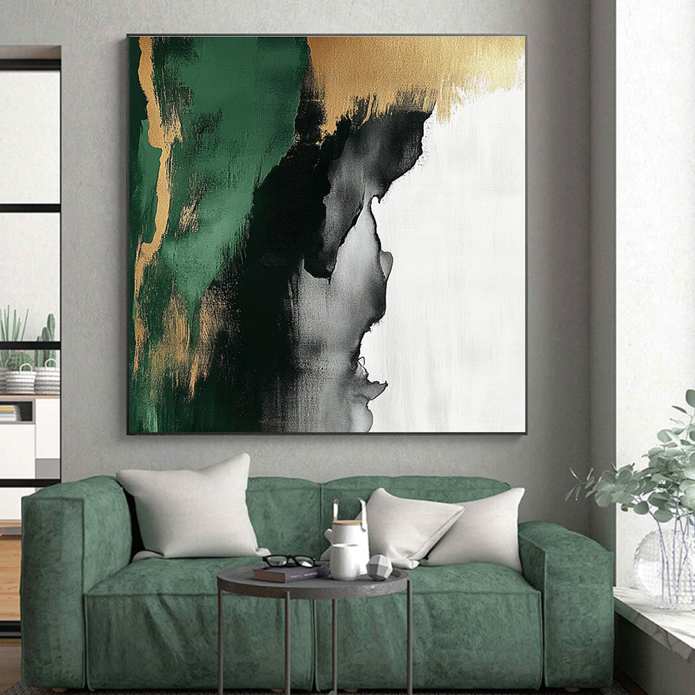 Green Gold Gray and White Abstract Painting with Flowing Textures GER633
