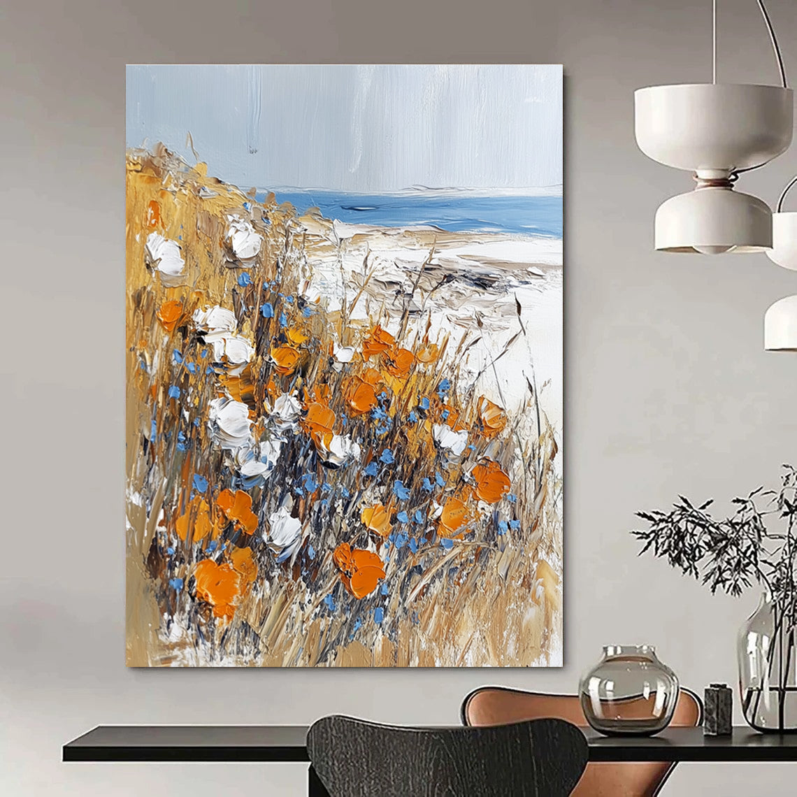 Abstract painting featuring impasto technique with meadow flowers on the beach in white orange and light blue hues.STSC1369