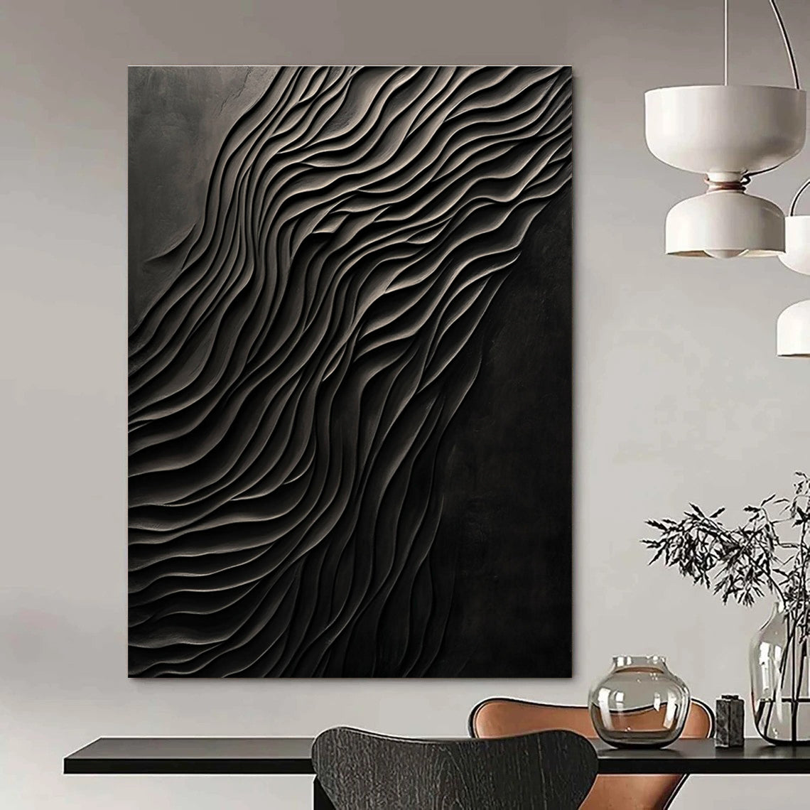 Large abstract art piece featuring dark carved wood with smooth forms and a monochromatic gray palette creating a mysterious atmosphere.STSC1289