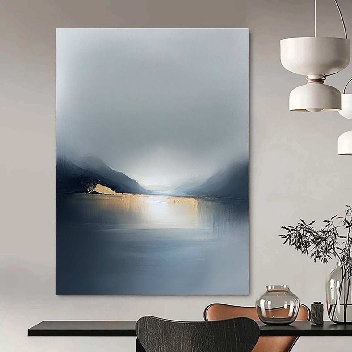 Large abstract painting in soft gray tones with gold accents evoking serene solitude and reflection on life's vast journey across a misty sea.STSC088