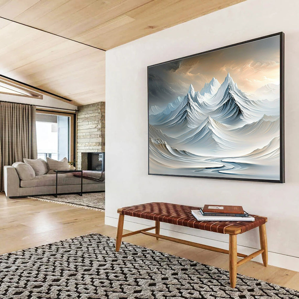 Surreal Snowy Peaks Dreamlike Abstract Painting with Soft White and Blue Tones DYP609