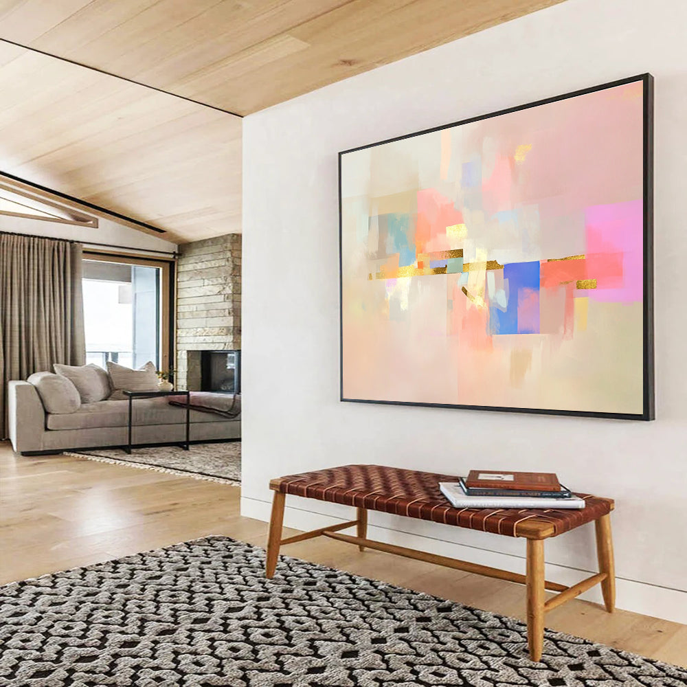 Abstract painting featuring soft shapes and pastel colors on a pink background with gold accents and minimalist design elements.SC043