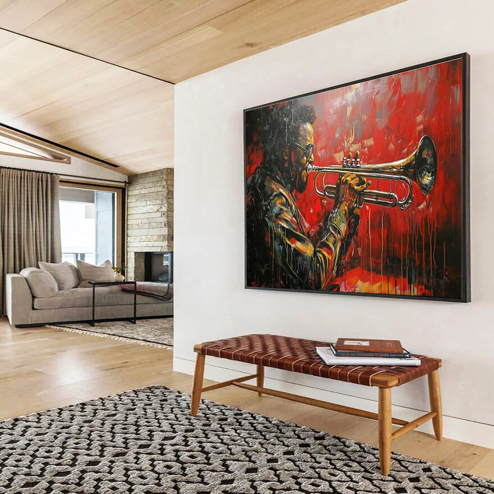 Large abstract painting featuring a trumpet player inspired by Dizzy Gillespie with a red car background and dynamic dripping paint effect.SC120