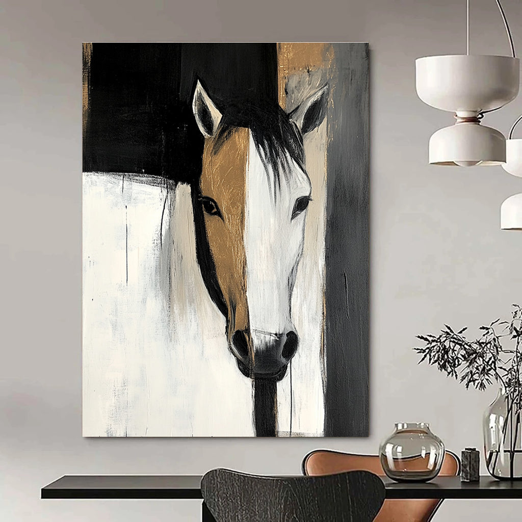 Large abstract painting featuring black and white shapes with gold highlights and a horse's head emerging from shadows conveying mystery and depth.STSC214
