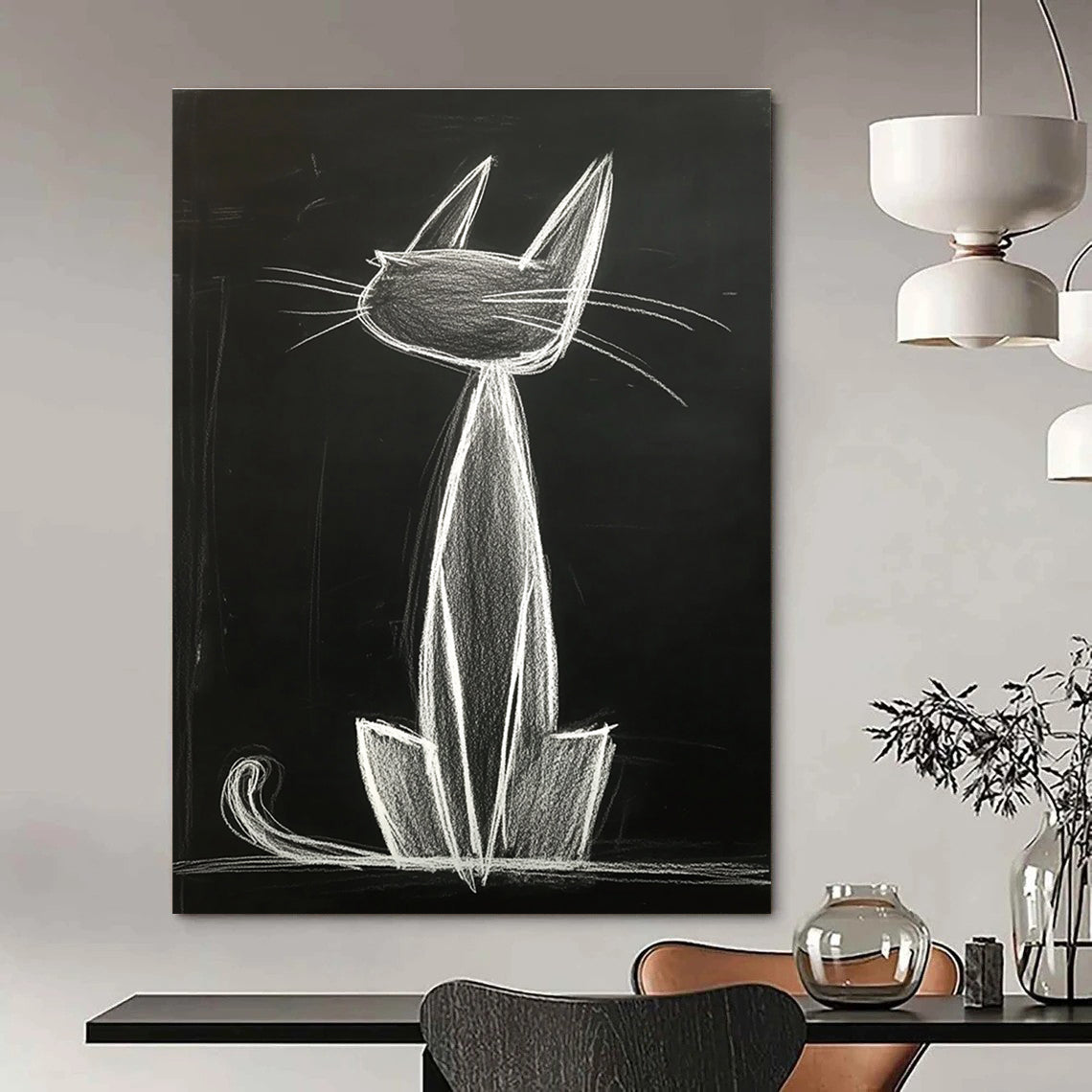 A large abstract artwork featuring an anthropomorphic cat with long ears sitting gracefully on its hind legs, captured in smooth chalk lines.STSC1184