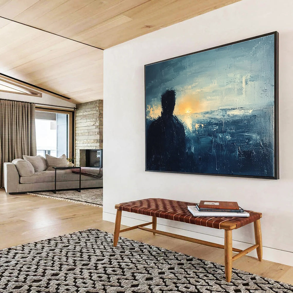 Silhouette by the Sea Abstract Painting with Dark and Light Blues DYP228