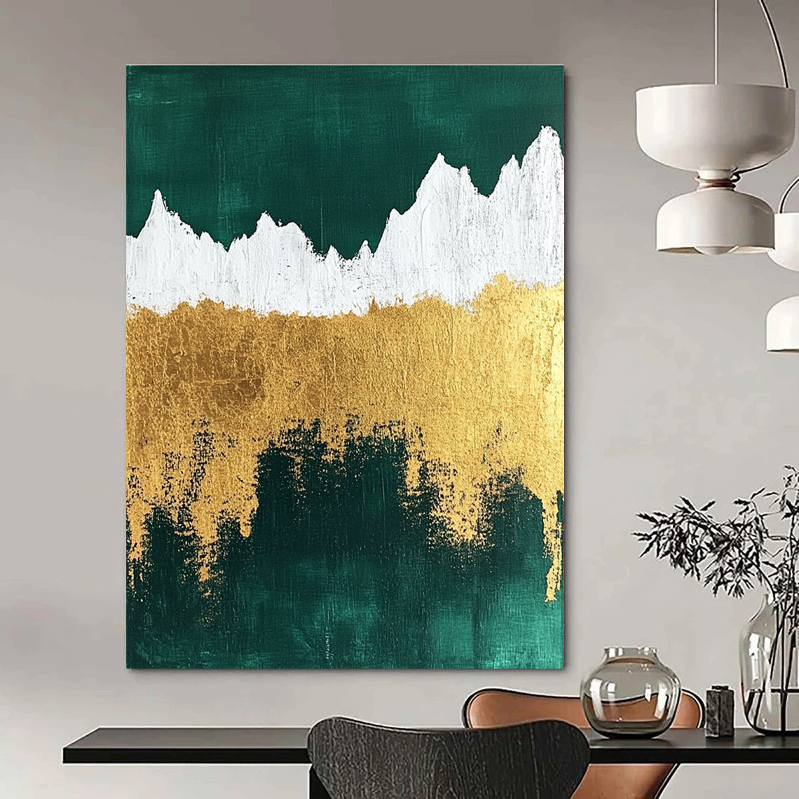 Abstract painting featuring metallic gold foil texture with emerald green background and white mountain silhouette for a striking visual impact.STSC067