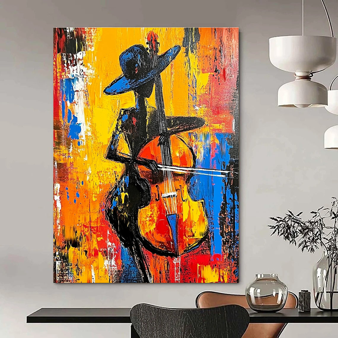 Large Abstract Painting Featuring A Woman In Black With A Hat Playing Cello In Vibrant Red Yellow Blue And Orange Tones Inspired By Anna Bocek.STSC1261