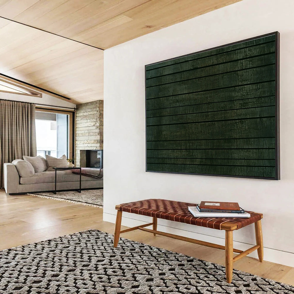 Large abstract painting featuring a textured dark green wall with horizontal stripes, evoking ancient Chinese architectural elegance.SC458