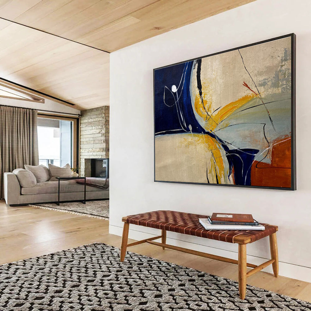 Blue Yellow Line Abstract Painting with Minimalist Shapes THY331