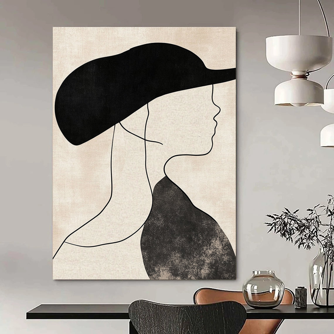 Abstract art depicting a woman's profile in a hat with neutral shapes thick lines and a beige background in black and white tones.STSC1333