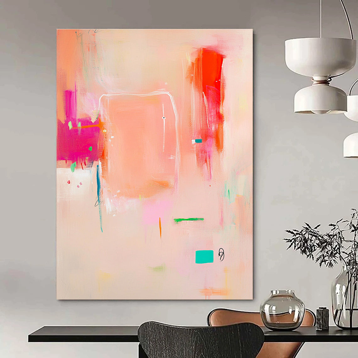 Abstract painting in pink white and orange with soft lines on beige featuring joyful elements a colorful central square and an empty text space.STSC689