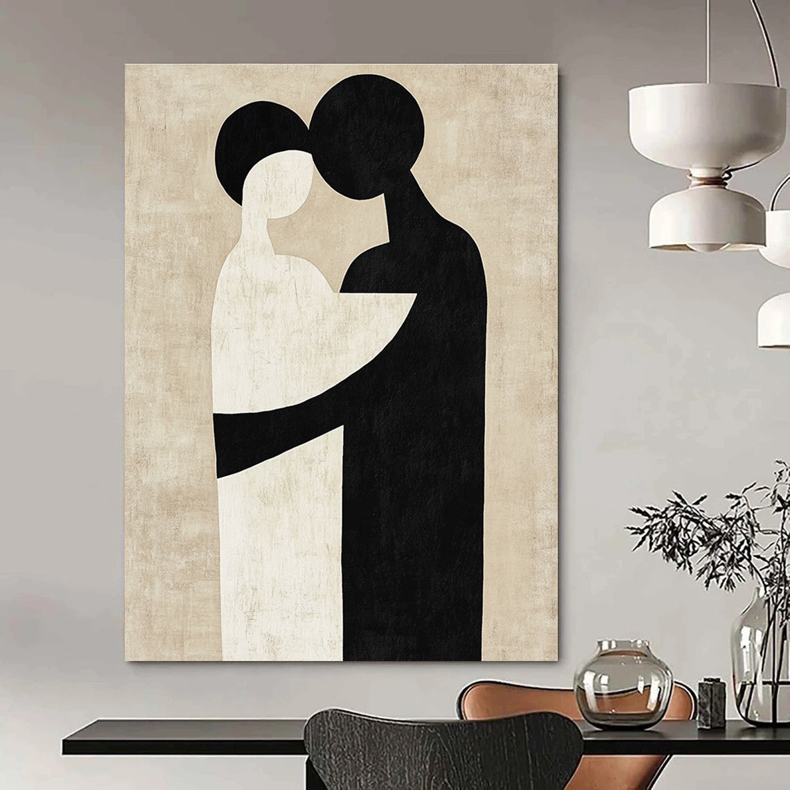 Large abstract artwork featuring black and white shapes that suggest an embrace against a neutral beige background in the style of Paul Klee.STSC473
