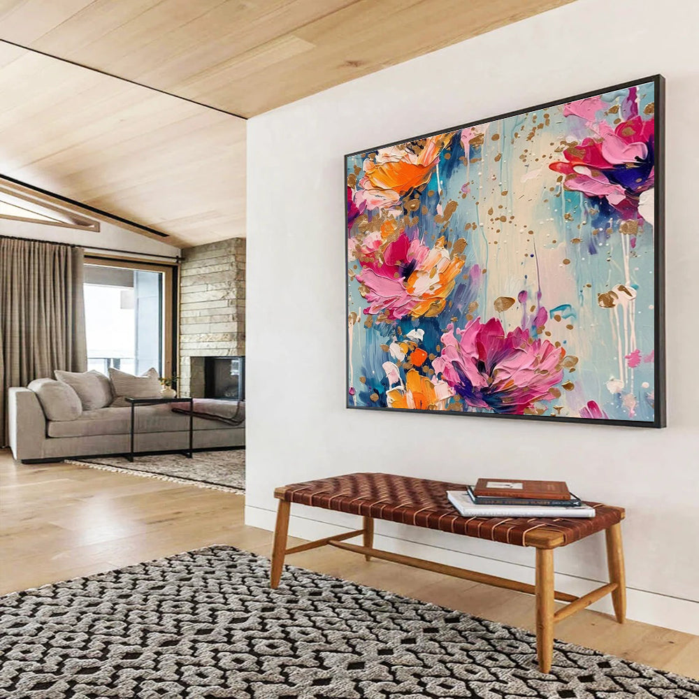 Gold - Accented Floral Abstract Painting with Pink, Orange, and Blue Hues THY305