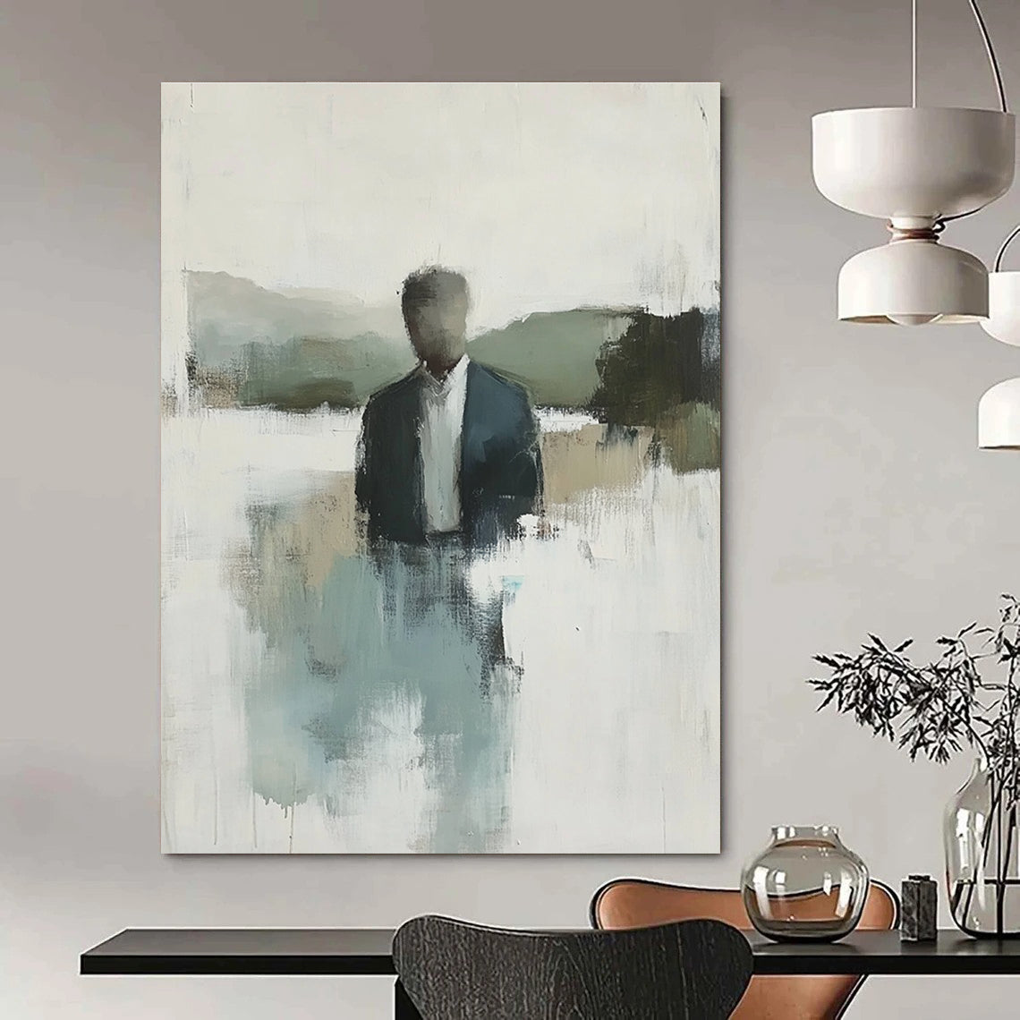 Abstract painting featuring a hazy landscape with soft tones of blue green and grey water in the foreground and hills in the background.STSC861