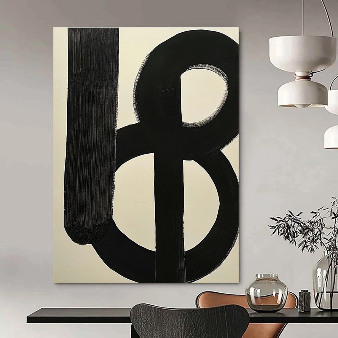 Large abstract painting featuring simple black and white shapes inspired by Jackson Pollock's style.STSC378