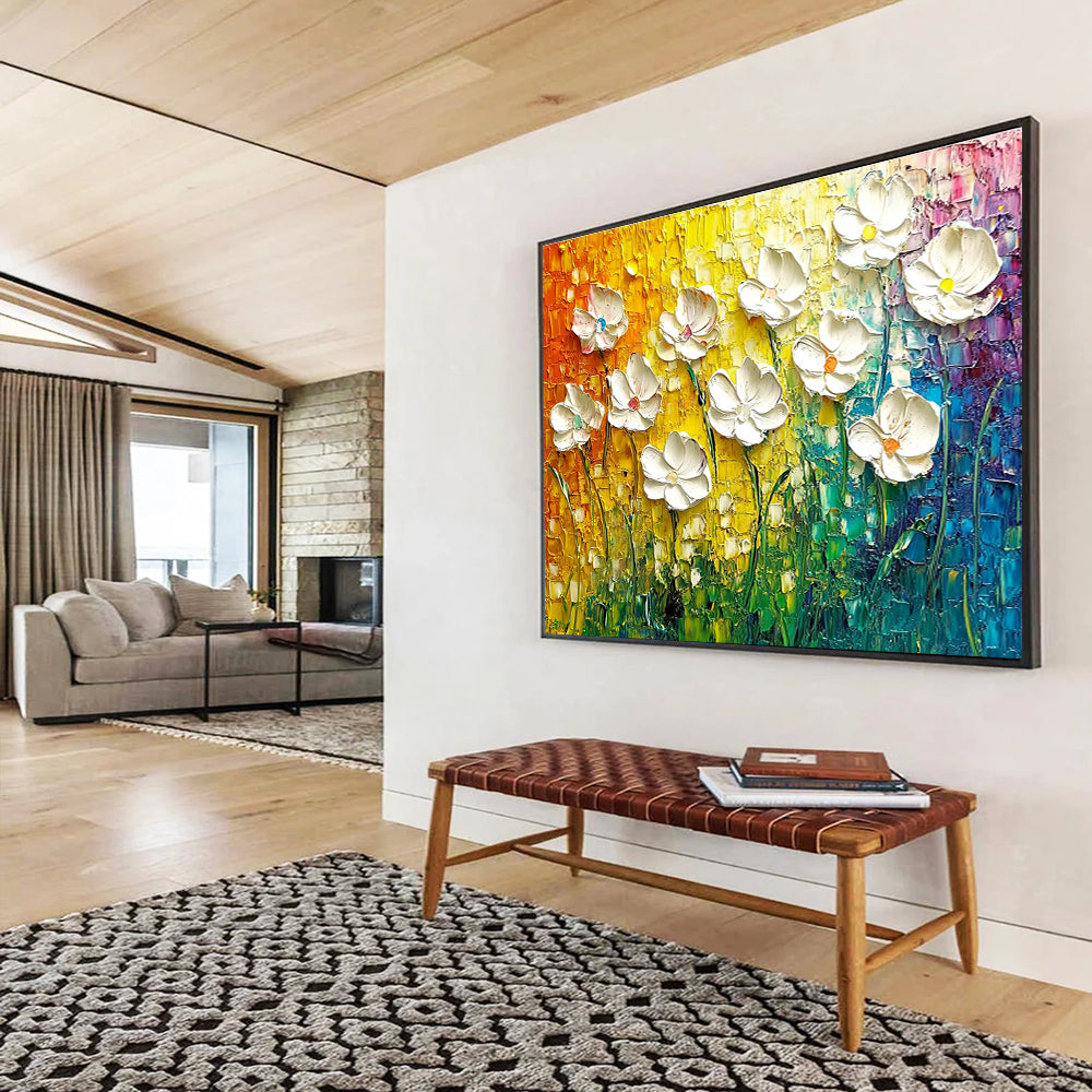 Textured White Flowers Abstract Painting with Colorful Background DYP430