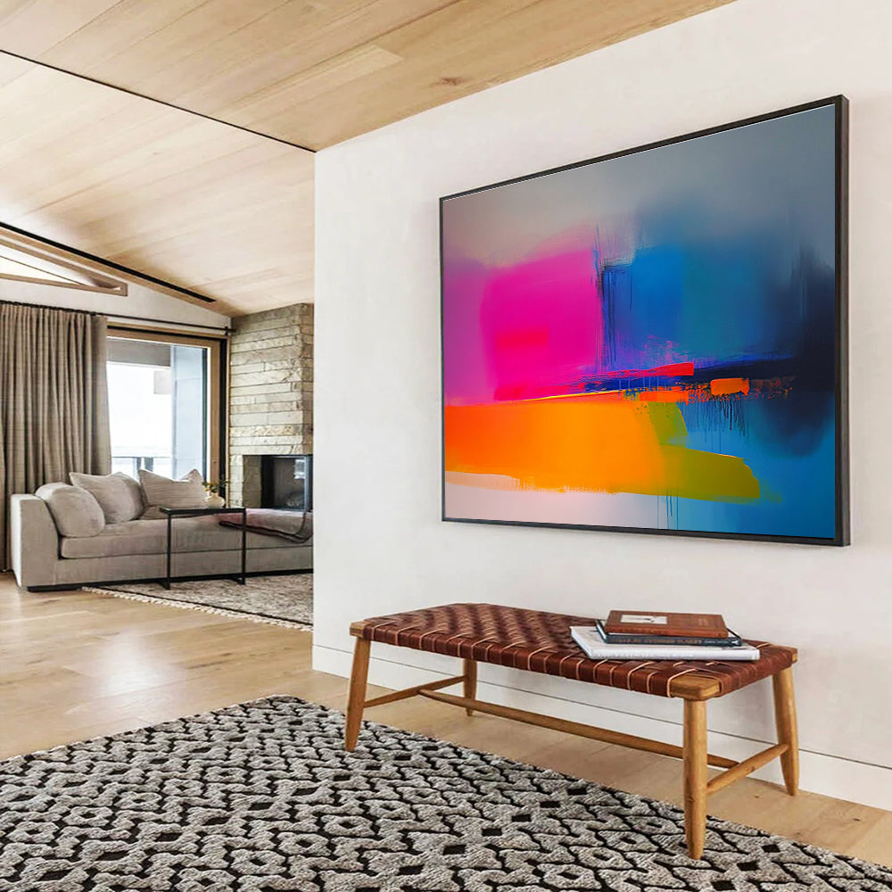 Large abstract painting in neon pink yellow blue orange and green featuring soft gradients smooth brush strokes and a minimalist landscape with blurry edges.SC149