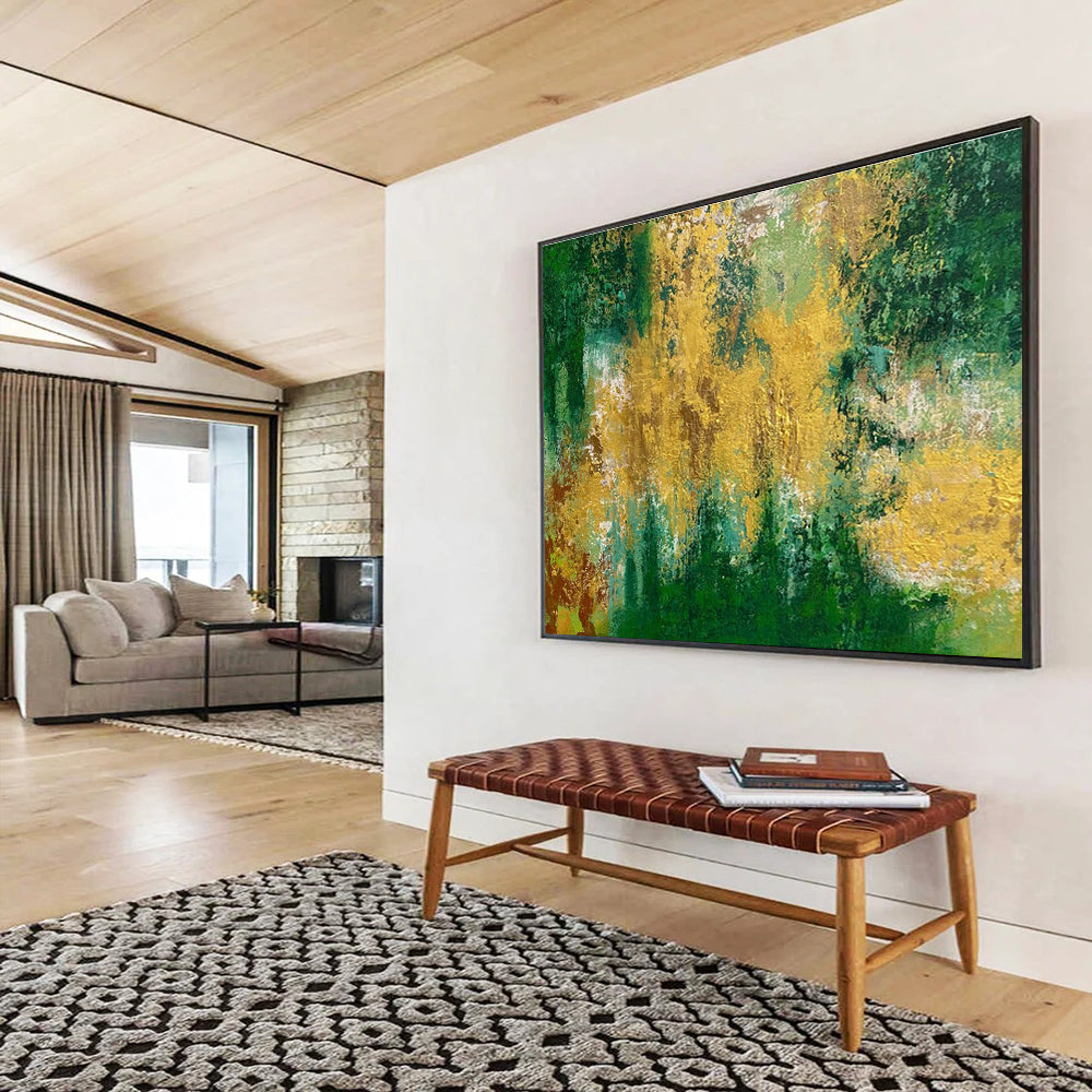 Green Gold Abstract Painting with Lush, Forest - Like Energy THY375