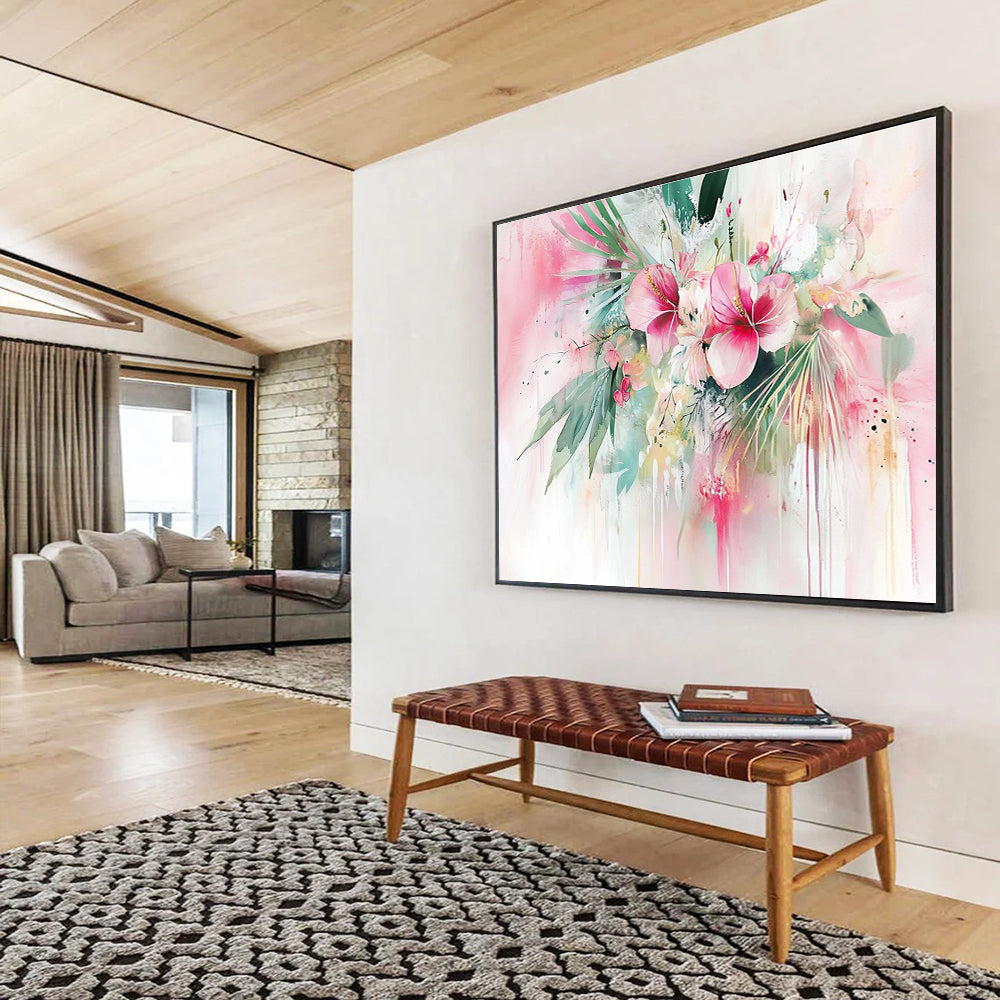 Pink Floral Abstract Painting with Watercolor Drips DYP449