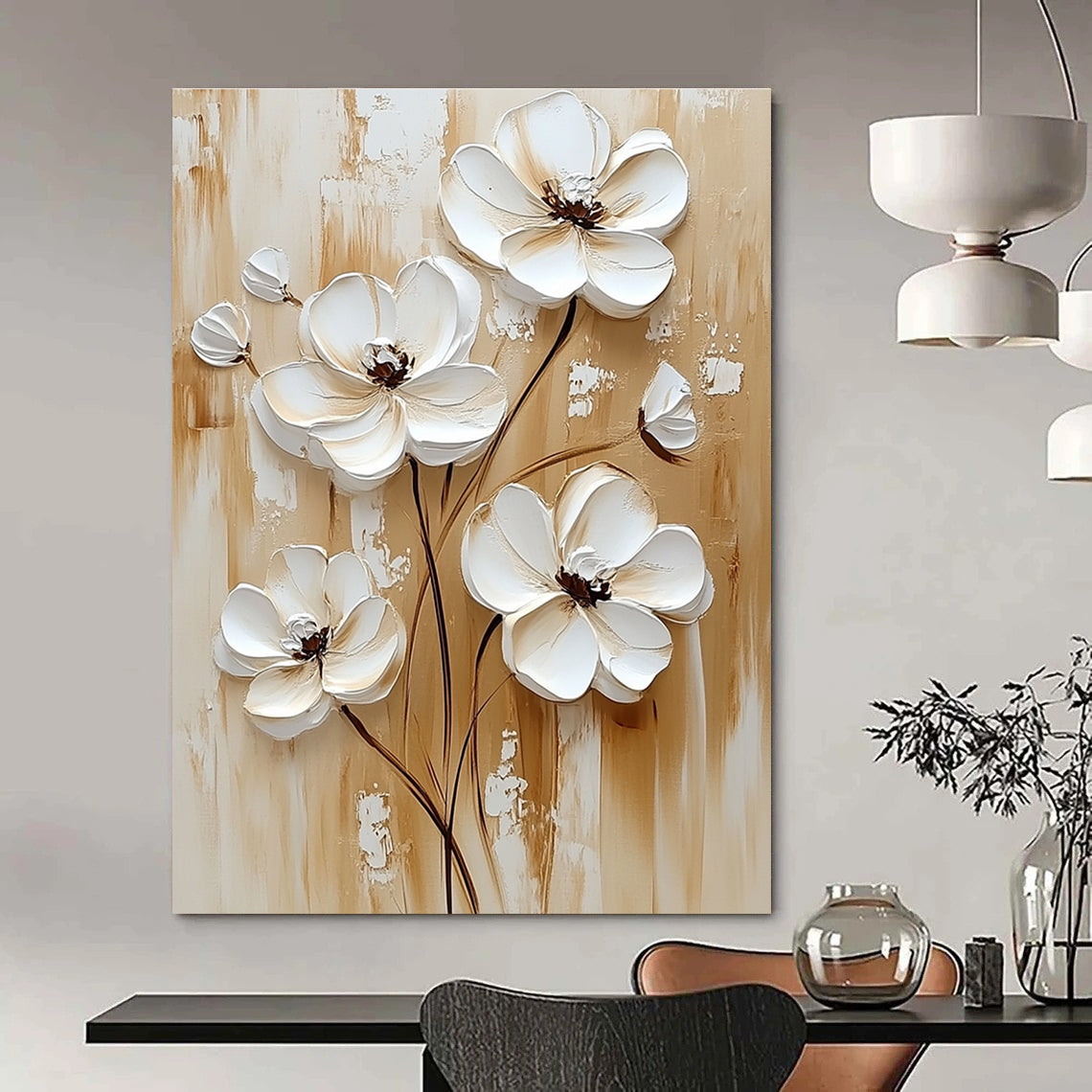 Abstract painting featuring white flowers on a beige background in a white cream and brown palette ideal for modern decor.STSC1479