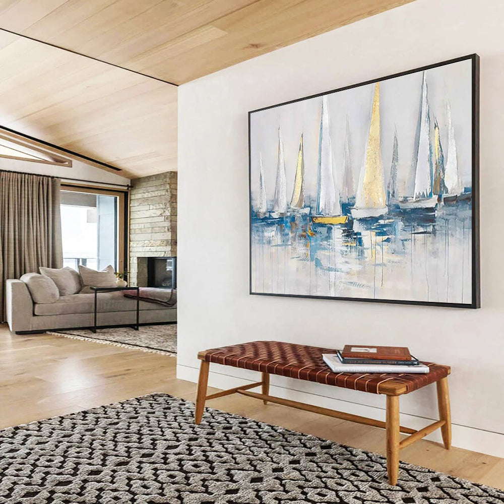 Sailboats on Water Abstract Painting with White, Gold, and Blue THY259