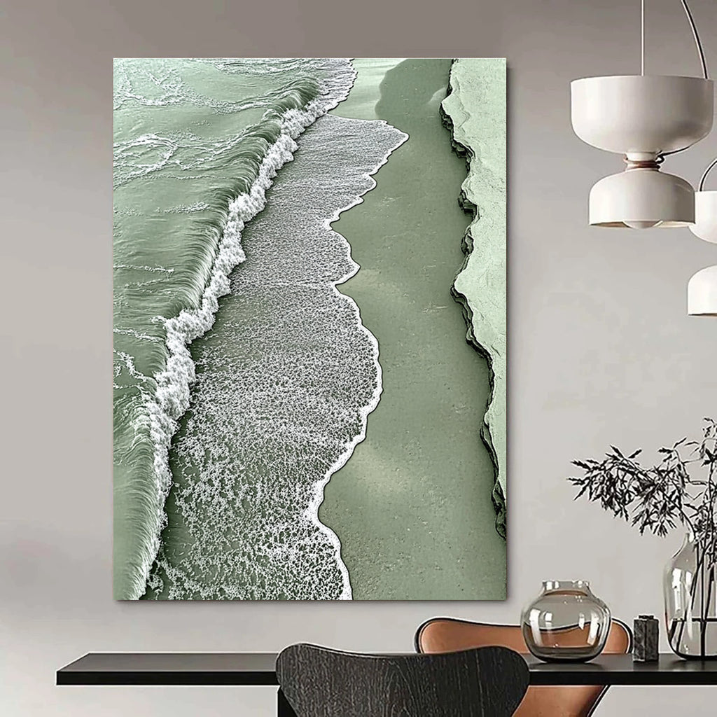 A large abstract painting featuring a light green sea with white foam and sandy waves evokes tranquility and nature's beauty.STSC533