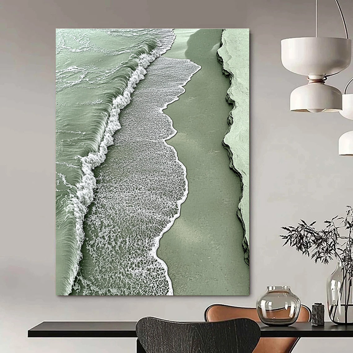 A large abstract painting featuring a light green sea with white foam and sandy waves evokes tranquility and nature's beauty.STSC533