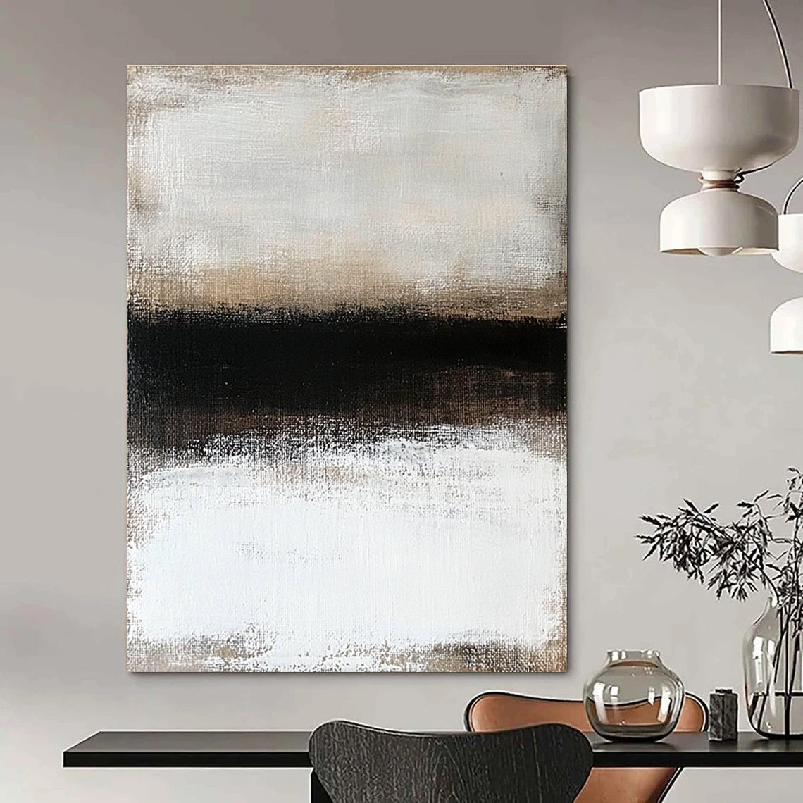 Large abstract painting featuring a textured surface of neutral colors depicting a snowy landscape enveloped in ethereal fog.STSC630