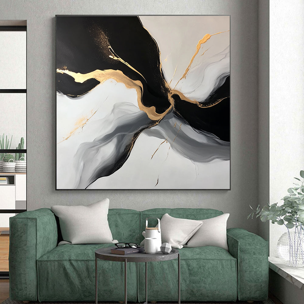 Black Gold and Gray Abstract Painting with Flowing Forms GER510