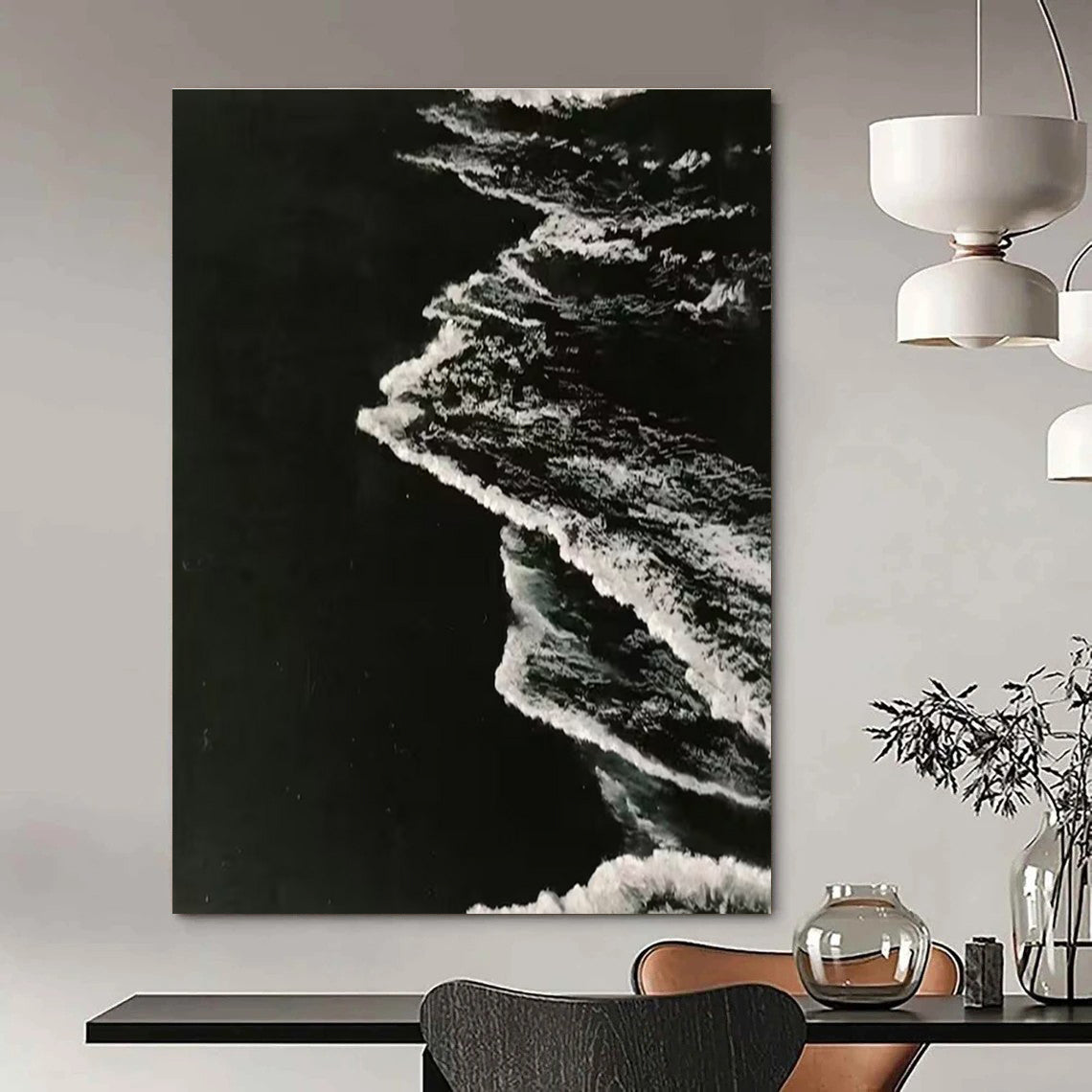 Black and White Textured Wave Abstract Painting ADGE349