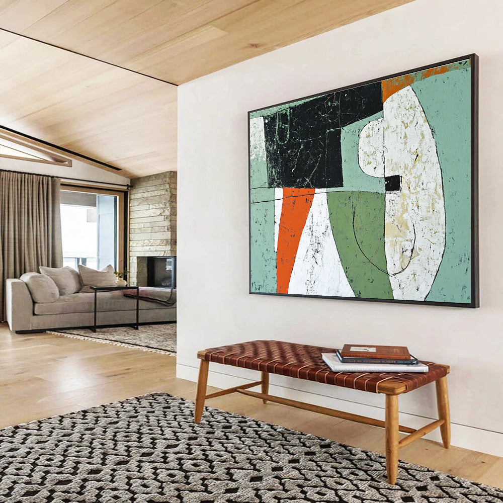 Geometric Forms Abstract Painting with Green Orange and White Tones DYP357