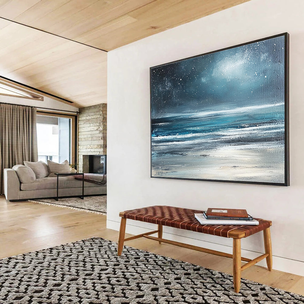 Starry Sea Beach Abstract Painting with Dark Blue and Silver Tones DYP570