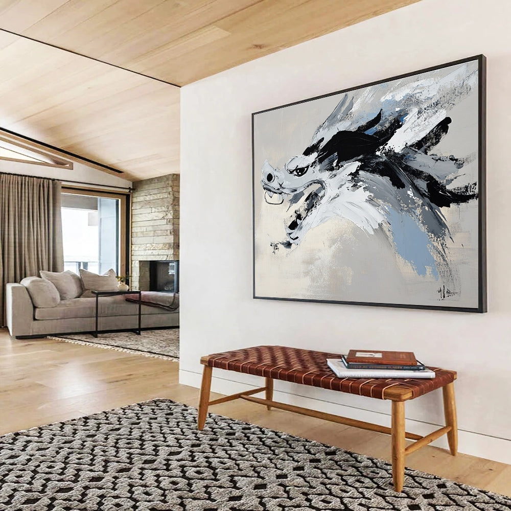 Abstract painting with black and white brushstrokes on light gray, featuring a close-up of a Chinese dragon head in Wu Guanzhong style.SC228