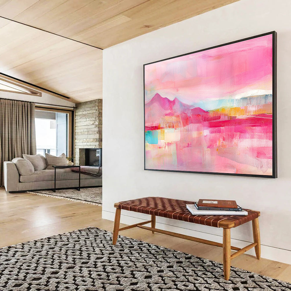 A large abstract painting featuring a pink sky with layers of soft pastel colors and textured brushstrokes, perfect for enhancing any space.SC344