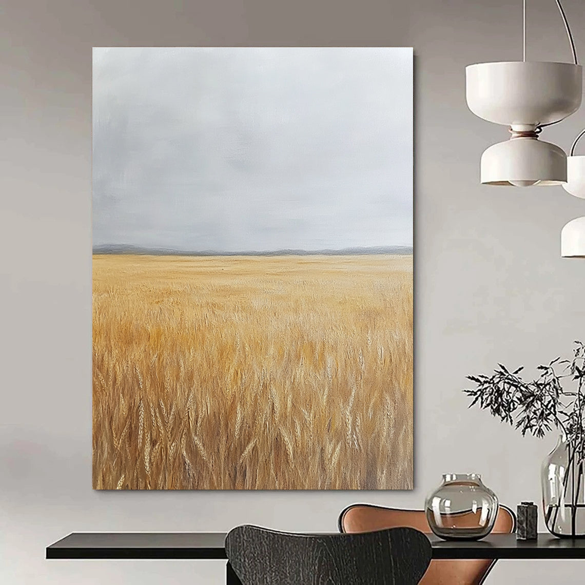 Large abstract oil painting depicting a large wheat field under a grey sky with yellowing grass tones.STSC1034