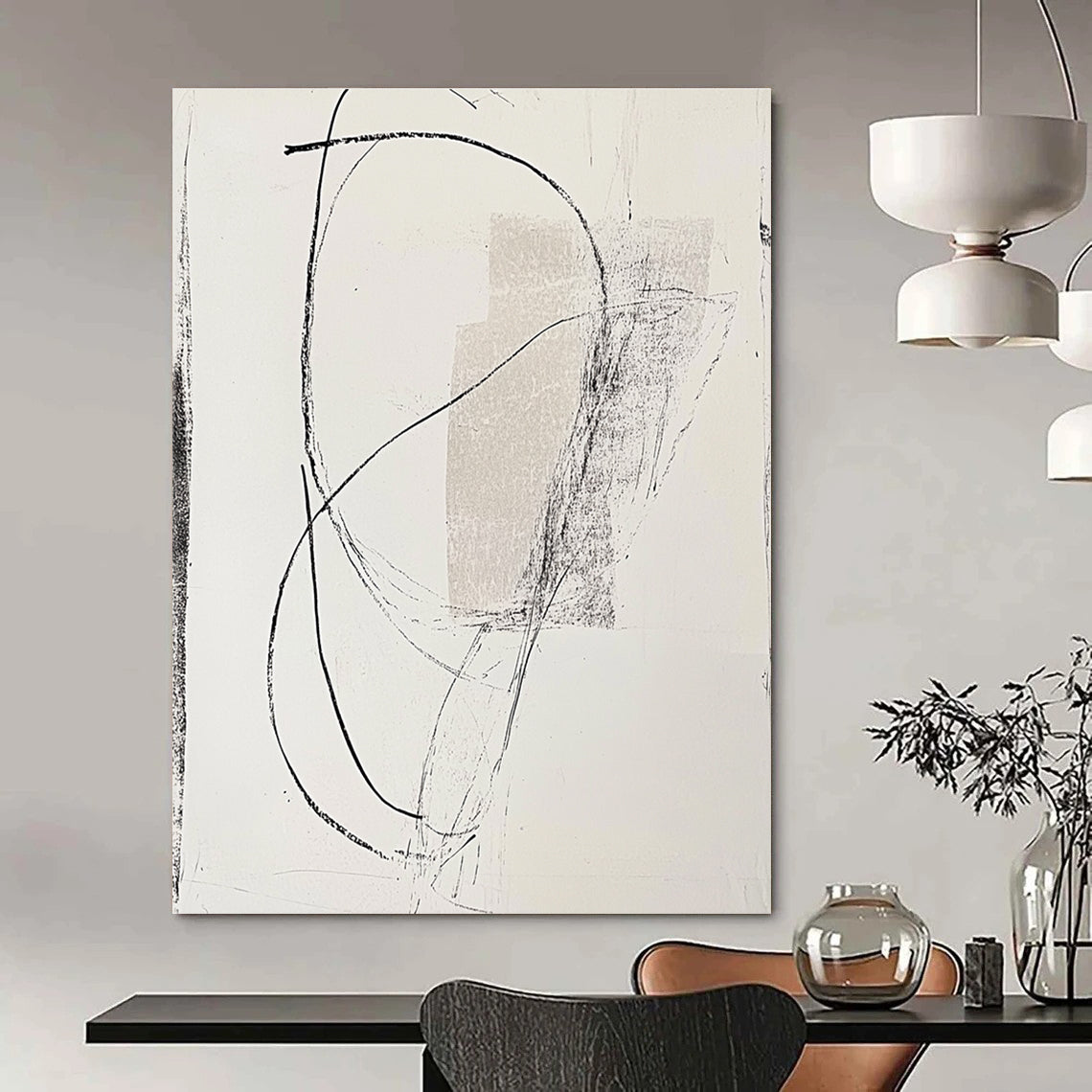 Large abstract drawing on paper featuring a side figure intertwined with curved lines against a light gray background.STSC1256