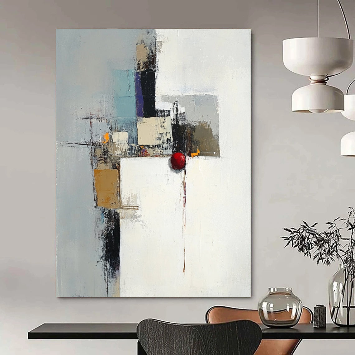 Large abstract painting in white gray and brown featuring a red object with an industrial cityscape in the background and expressive brush strokes.STSC615