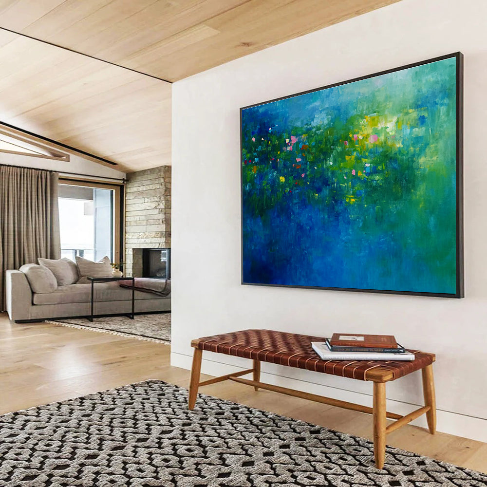An abstract painting of an underwater garden with vibrant blues and greens featuring aquatic plants and small fish creates serene nature's dance.SC339