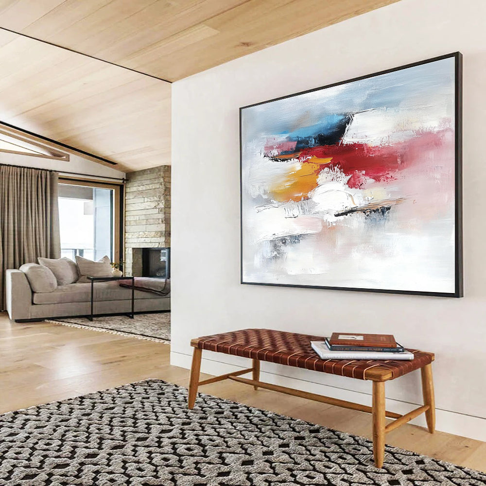 Large abstract painting featuring a serene ice landscape with white light blue hints of red and pink soft brush strokes and textured details.SC157