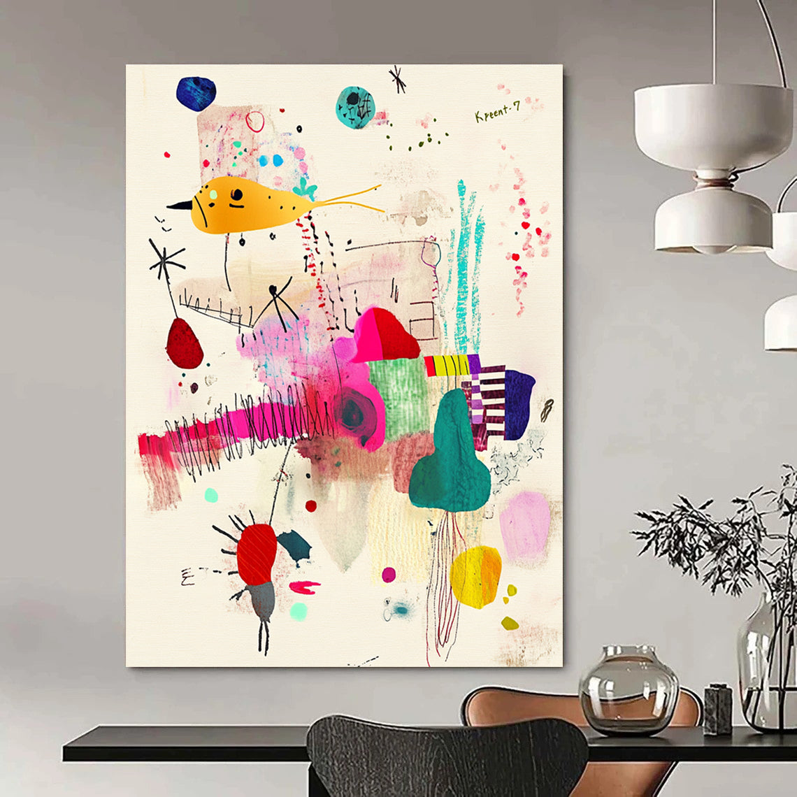 A large abstract painting featuring Krent-7 with whimsical patterns and vibrant fabric scraps on a beige background.STSC1235