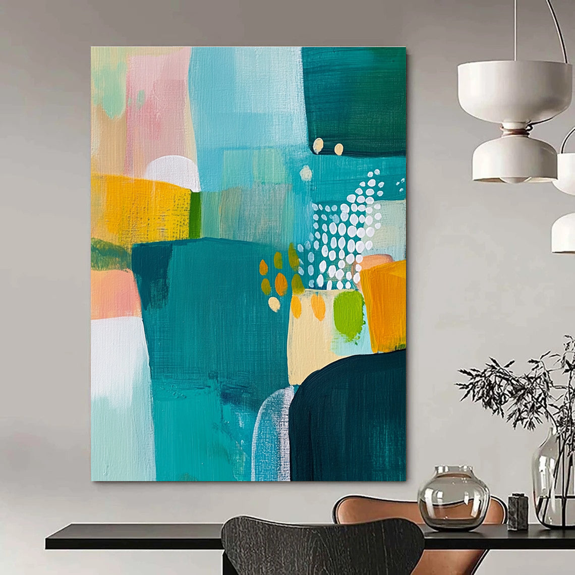 Large abstract painting featuring a landscape in teal yellow and green complemented by white dots and bold expressive brush strokes.STSC608