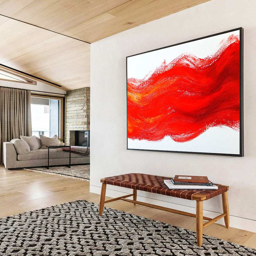 Bold abstract painting with red brushstrokes and flowing lines creating a dynamic interplay of light and shadow on a white background.SC609
