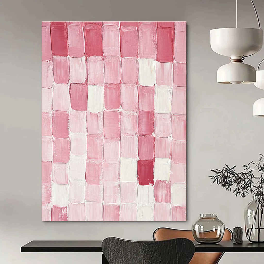 Large abstract painting featuring pink and glossy mottled rectangular blocks arranged on a pure white background with textured brushstrokes.STSC1411