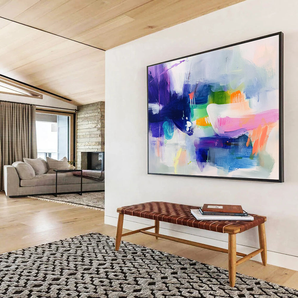 Large abstract painting featuring cool colors with soft shapes suggesting houses and flowing water creating a serene dreamy atmosphere.SC342