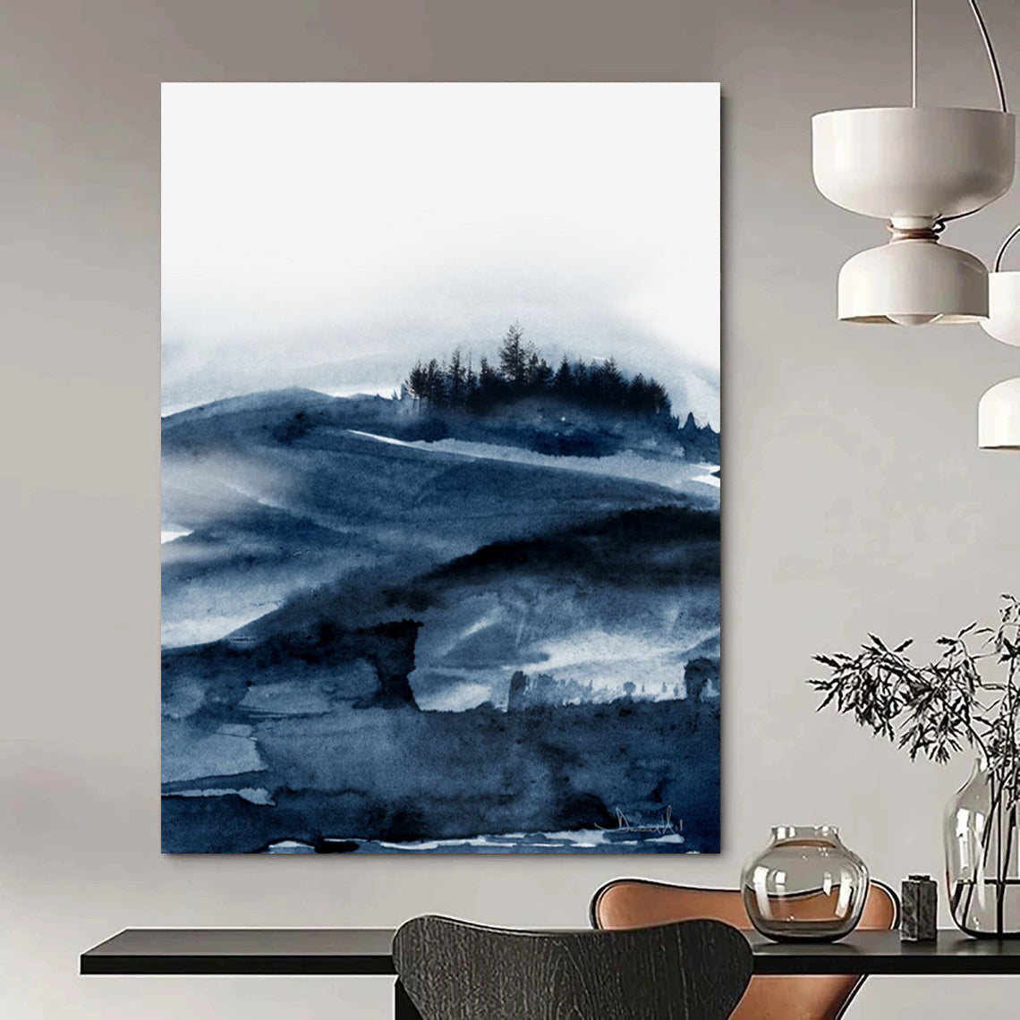 Blue Ink Mountain Landscape Abstract Painting ADGE230