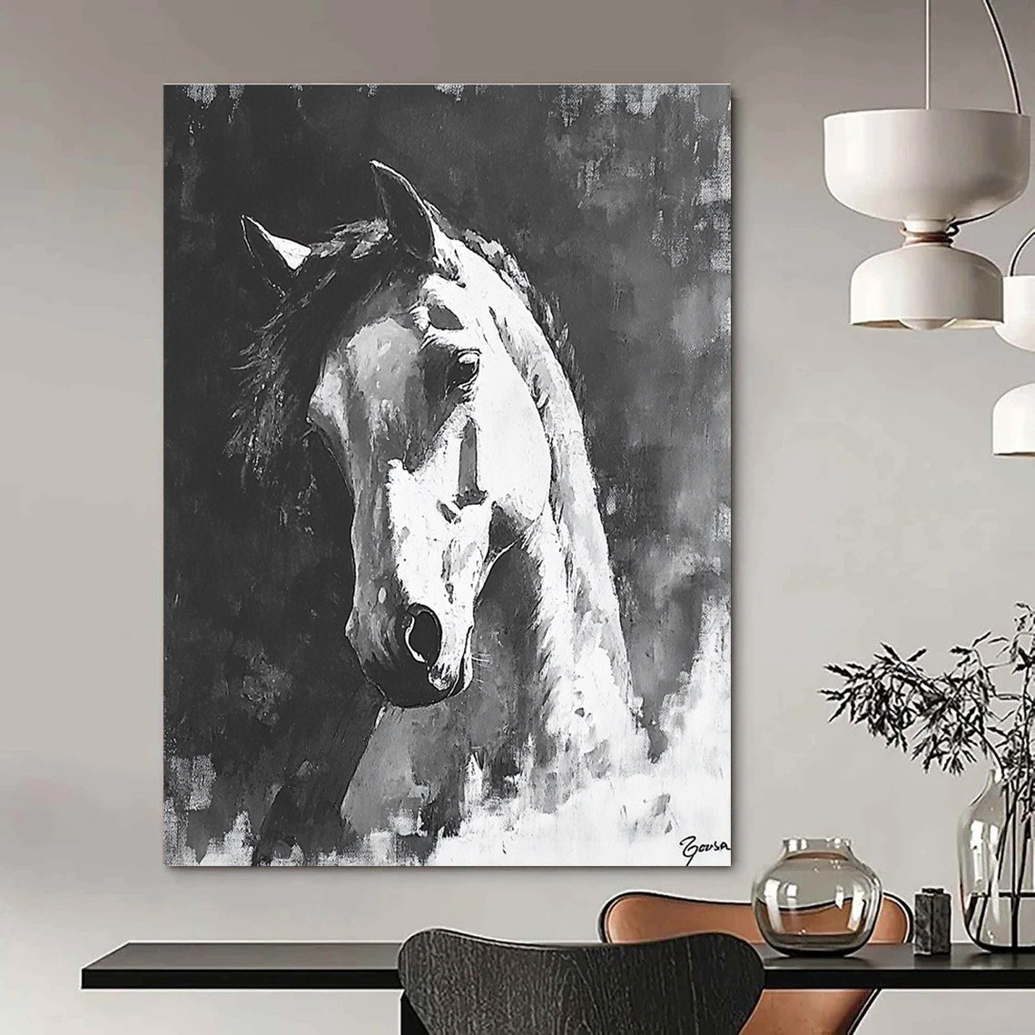Large abstract painting of a horse in black and white featuring bold brush strokes and dramatic shadows on a textured canvas.STSC290