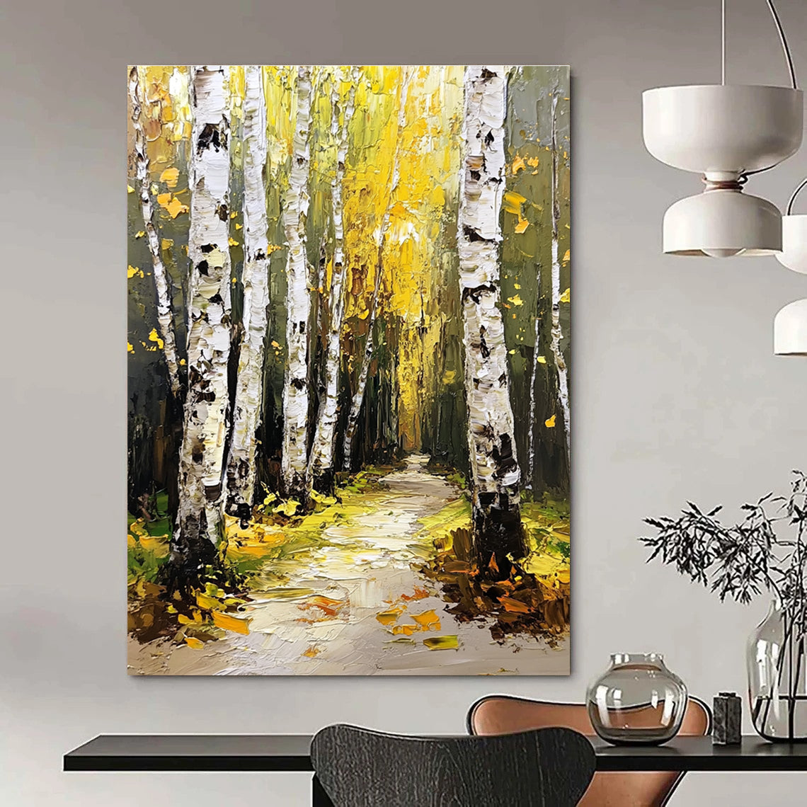Abstract painting of a birch forest with green and yellow leaves thick white bark trees and a path illuminated by light.STSC1272