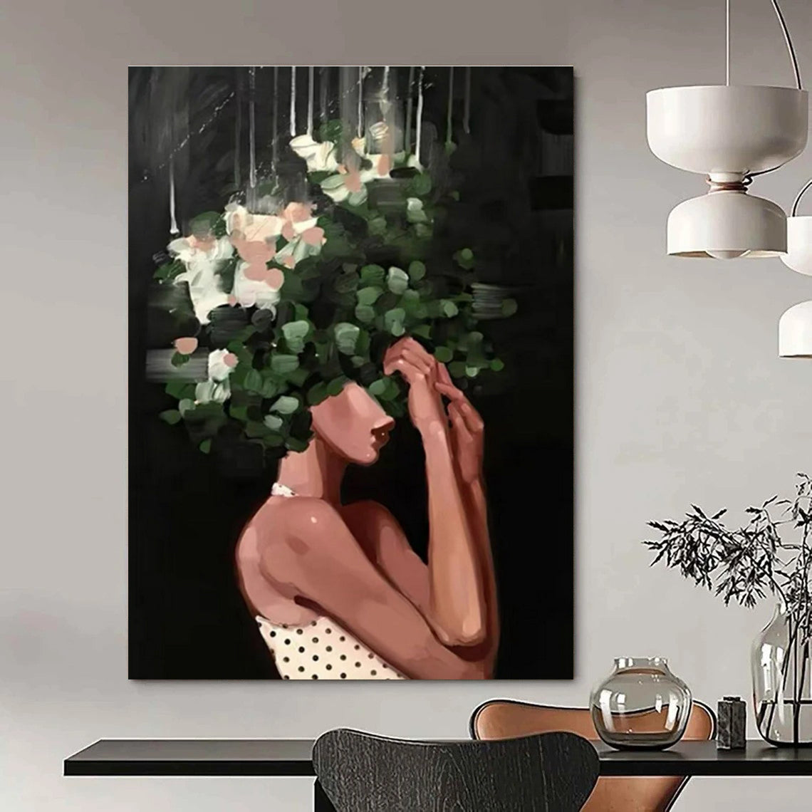 Floral Head Woman Abstract Painting with Green and White Flowers ADGE323